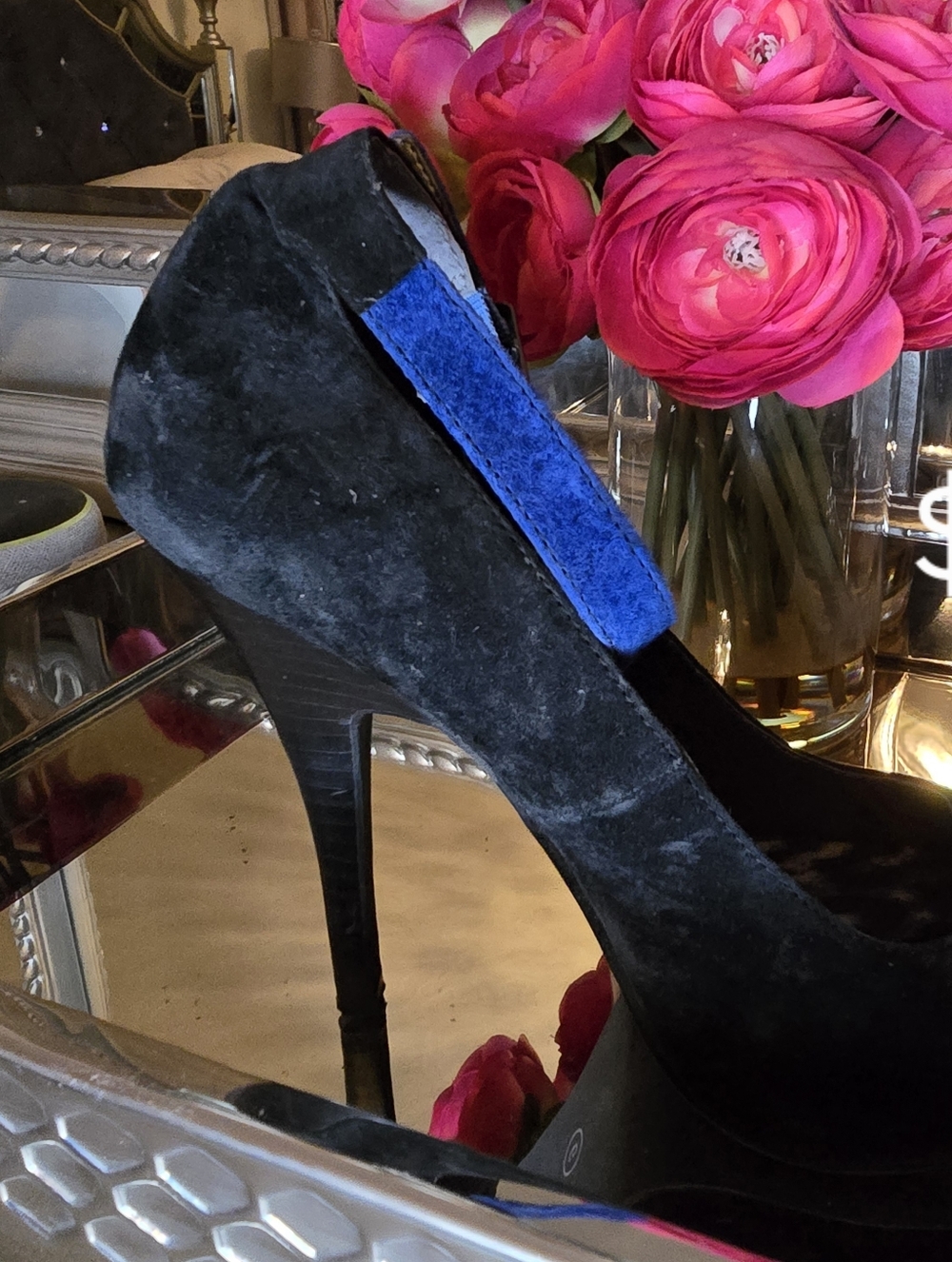 Black Suede High Heel Pumps with Blue Accent